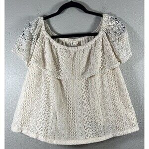 Miami by Francesca's Crochet Top Short Sleeve Shirt Cream Woven Lace Cotton M